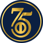 75th anniversary emblem with gold and navy blue design, featuring the years 1950 and 2025.