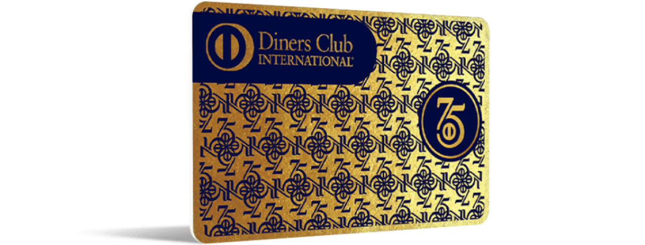Diners Club International 75th Anniversary gold credit card with intricate pattern design and navy blue branding.
