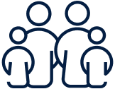 Family icon with two adults and two children in navy blue outline on a white background.